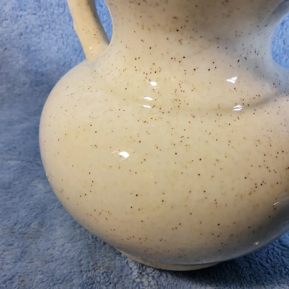 Vintage Cream Speckled Ceramic Pitcher Ruffled Rim Embossed Farmhouse Primitive